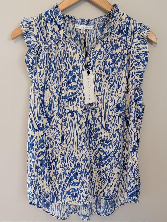 Maison D' Amelie Tops - Madison & Berkeley Blue and White Printed Ruffle Sleeve Blouse
